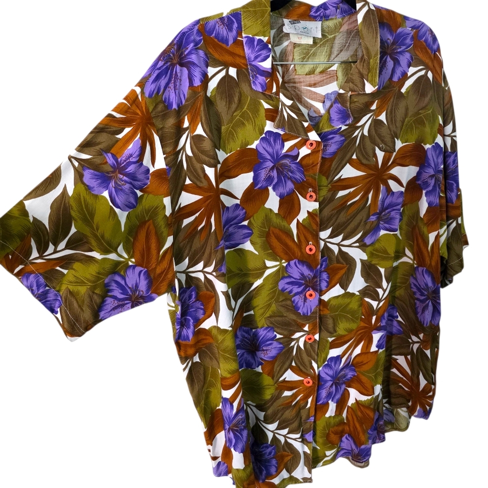 Retro Antels Tropical Floral Short Sleeve Button Down Blouse